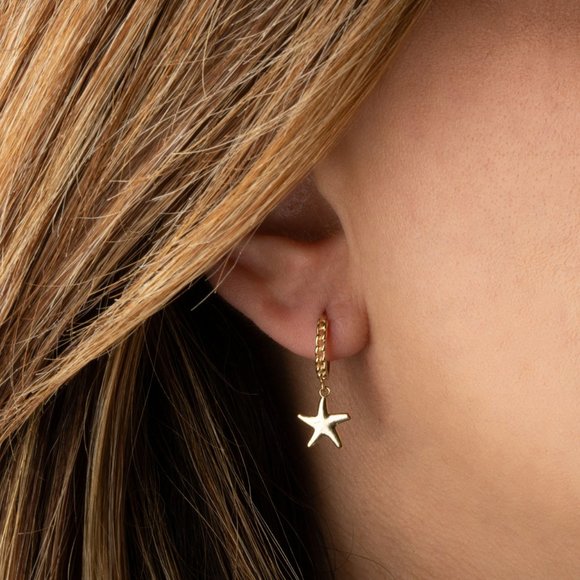 14K Yellow Gold Sea Starfish Ocean Cuban Link Huggies Earrings